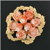 Image 2 : Vintage 14K Gold Carved Coral Rose Flower Bouquet Textured Leaf Round Pin Brooch
