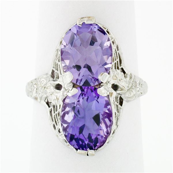 Antique Art Deco 14k White Gold Dual Purple Amethyst Etched Filigree Bypass Ring