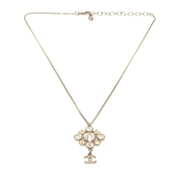 Chanel Silver-toned CC Flower Drop Necklace