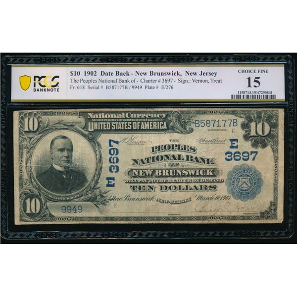 1902 $10 New Brunswick NJ National PCGS 15
