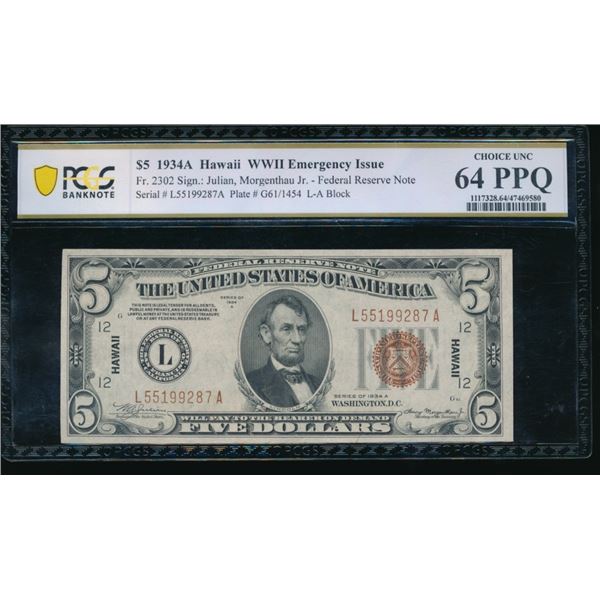 1934A $5 Hawaii FRN PCGS 64PPQ