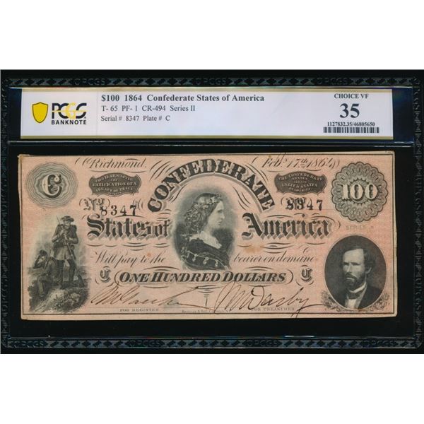 1864 $100 T-65 Confederate PCGS 35