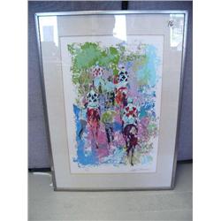 Framed and single-matted print, 23 of 399, of 4 jockeys preparing for horse race by LeRoy Newman (72