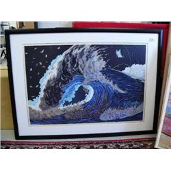 Woodblock print 17 of 55 by Sanmonji Kazuhiko of ocean surf- framed and double-matted (72)
