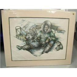 Shrink wrapped double-matted print 816 of 950 by Doug Lindstrand of man ice fishing with 2 dogs (53)