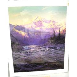 Shrink wrapped print by James Belcher of mountain rapids and mountain in purple tones (53)
