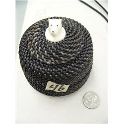 Baleen basket with ivory bear on lid by Lilly Hank 2004, 165f- approx. 3-1/2" tall, 4" diameter  (2)
