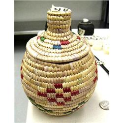 Grass basket with red, green, orange design- 6-1/4" tall, 4-1/2" diameter (2)