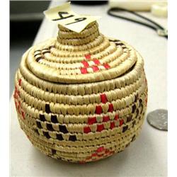 Grass basket made by Mary Mann of Kipnuk with orange and brown design- 3" tall and diameter (2)