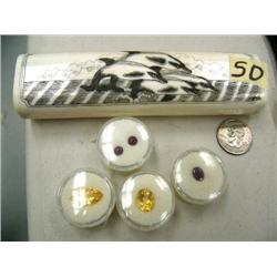 Lot of 4 gem stones and bone box with porpoises- box is approx. 1-1/8" height, 1-1/2" depth, 5-7/8" 
