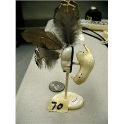 Transformation or spirit mask with ivory, baleen, and feathers- walrus on one side and face on other