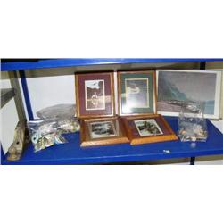 Whole shelf of buttons, Bev Doolittle prints, Sydney Laurence place mats, antique Stanley wood plane