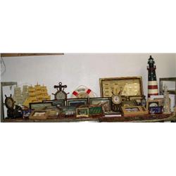 Whole shelf: nautical items; framed- shells, knots, butterflies, knives; etc. (8888)