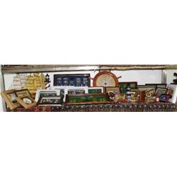 Whole shelf: nautical items; framed- shells, knots, butterflies, knives; etc. (8888)