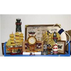 Whole shelf: nautical items; framed- shells, knots, butterflies, knives; etc. (8888)