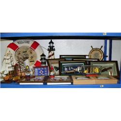 Whole shelf: nautical items; framed- shells, knots, butterflies, knives; etc. (8888)