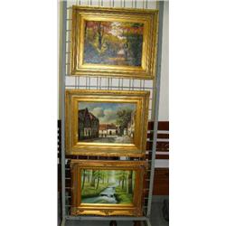 Lot of 3 oil paintings in beautiful gold frames: trees; houses and sidewalk; trees and stream (8888)