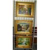 Image 1 : Lot of 3 oil paintings in beautiful gold frames: trees; houses and sidewalk; trees and stream (8888)