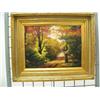 Image 3 : Lot of 3 oil paintings in beautiful gold frames: trees; houses and sidewalk; trees and stream (8888)