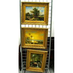 Lot of 3 oil paintings in beautiful gold frames: trees; sunset on a beach; trees and stream (8888)