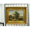 Image 2 : Lot of 3 oil paintings in beautiful gold frames: trees; sunset on a beach; trees and stream (8888)