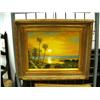 Image 3 : Lot of 3 oil paintings in beautiful gold frames: trees; sunset on a beach; trees and stream (8888)