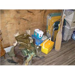 Lot of: hip waders; ice chest; paddles; lounge chairs; fish net (81)