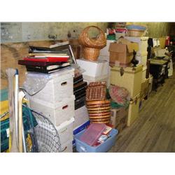 Lot of: boxes; baskets; records; pots and pans; quilt rack; books; misc. household items (81)