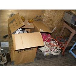 Box of kitchen/glassware; extension cord; small red gas can (81)