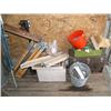 Image 4 : Small table; trash can; tool boxes; extension cords; tools; nails; saws; blue plastic step stool (81