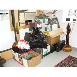 Huge lot of boxes: collectibles, goods, wooden carving of nude female, Coleman stove, pottery and ce