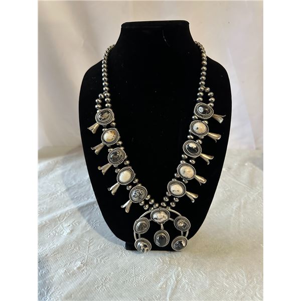 Navajo Squash Blossom Necklace with White Buffalo Turquoise/Dolomite