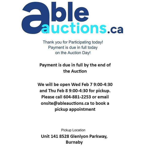 All items must be removed by Wed from 9am to 4:30pm or Thu from 9am to 4:30pm by appointment only.