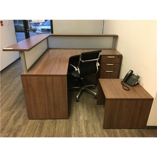 MODERN MOCHA FINISH RECEPTION COUNTER DESK SET WITH CHROME & BLACK OFFICE CHAIR