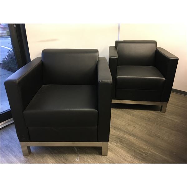 PAIR OF BLACK LEATHER WITH CHROME BASE ARM CHAIRS