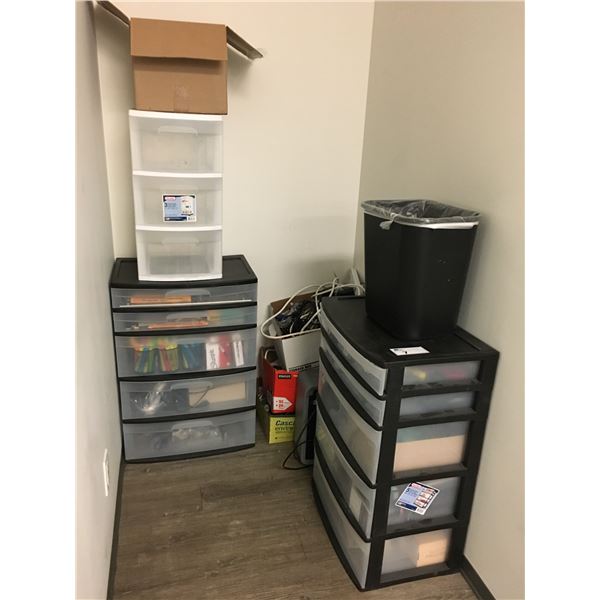 LARGE GROUP OF OFFICE SUPPLIES-STORAGE DRAWER UNITS FILED WITH ASSORTED ITEMS