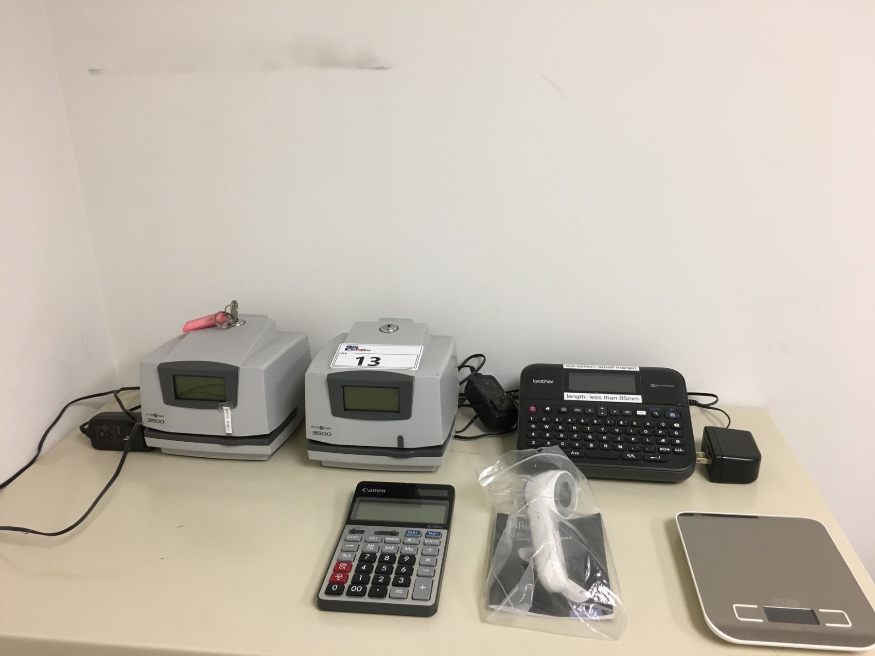 2 PYRAMID TIME CARD MACHINES/LABEL MAKER/SCALE/CALCULATOR AND ...
