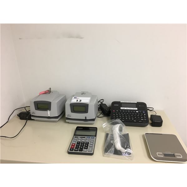 2 PYRAMID TIME CARD MACHINES/LABEL MAKER/SCALE/CALCULATOR AND THERMOMETER