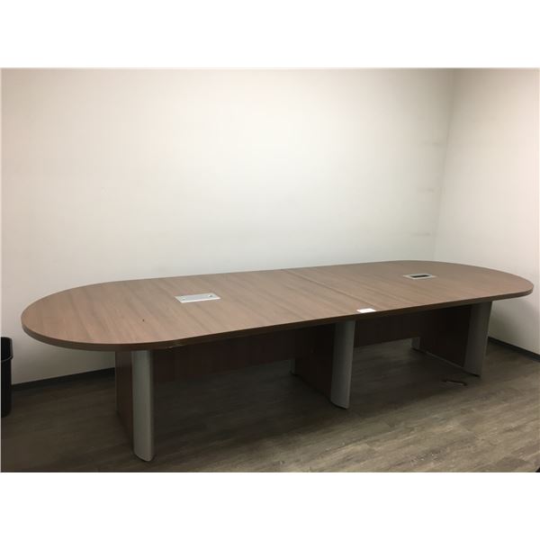 MODERN MOCHA FINISH OFFICE BOARDROOM TABLE - APPROX 12FT ACROSS X 4FT WIDE