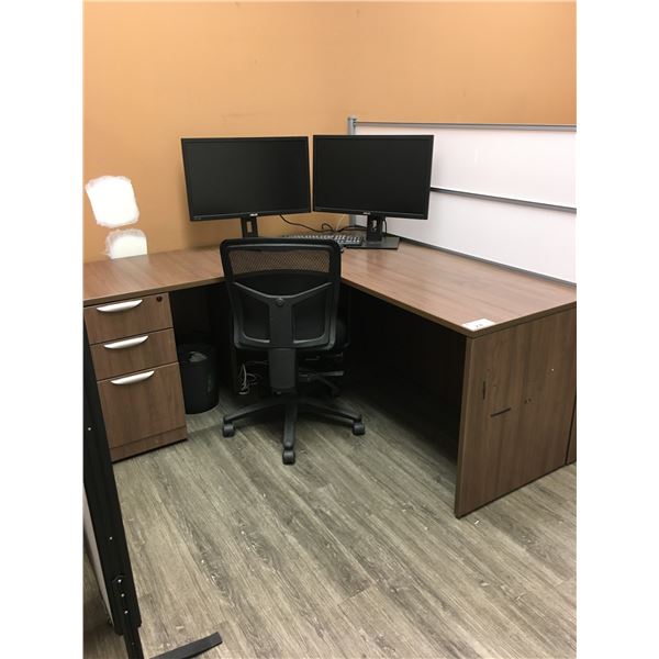 MODERN MOCHA FINISH 2PCS OFFICE DESK/OFFICE CHAIR/2 ASUS 27" MONITORS/KEYBOARD/MOUSE