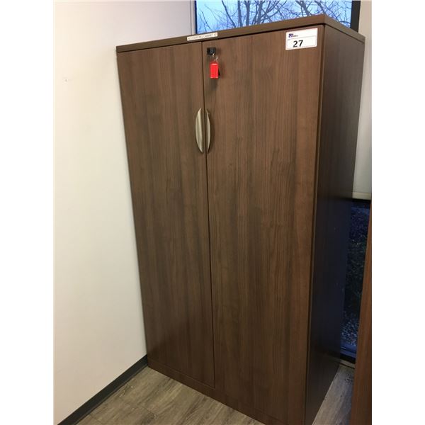 MODERN MOCHA FINISH 2 DOOR OFFICE STORAGE CABINET-APPROX 3FT ACROSS X 2FT DEEP X 5FT TALL