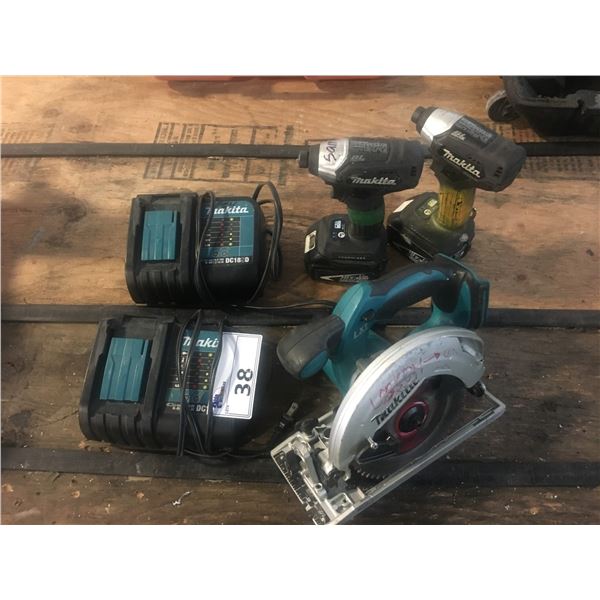 7PCS. MAKITA CORDLESS TOOL SET-2 IMPACTS, SKILL SAW, 2 CHARGERS & 2 BATTERIES
