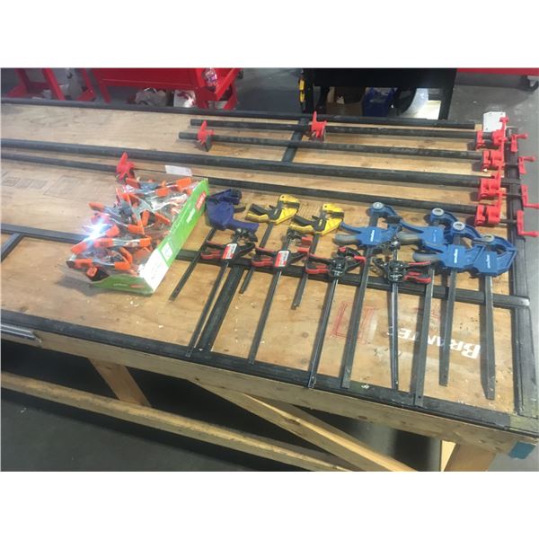 GROUP OF ASSORTED BAR CLAMPS (APPROX 15) AND BOX FULL OF SPRING CLAMPS