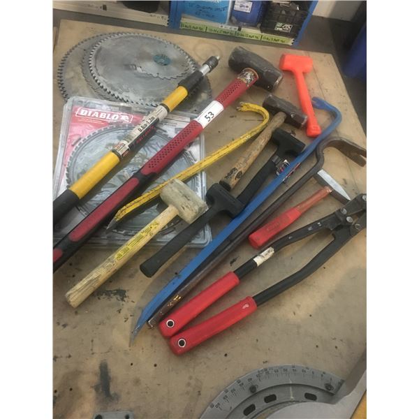 GROUP OF HAND TOOLS (APPROX.20PCS.)-SLEDGE HAMMERS/CROW BARS/MALLETS/BOLT CUTTERS/ETC