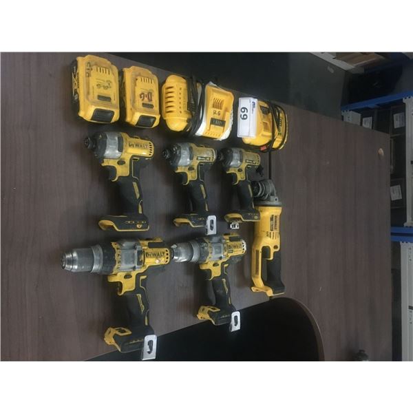 DEWALT 20V - 10PCS. CORDLESS TOOL SET-2 DRILLS, 3 IMPACTS, 1 GRINDER, 2 BATTERIES & 2 CHARGERS