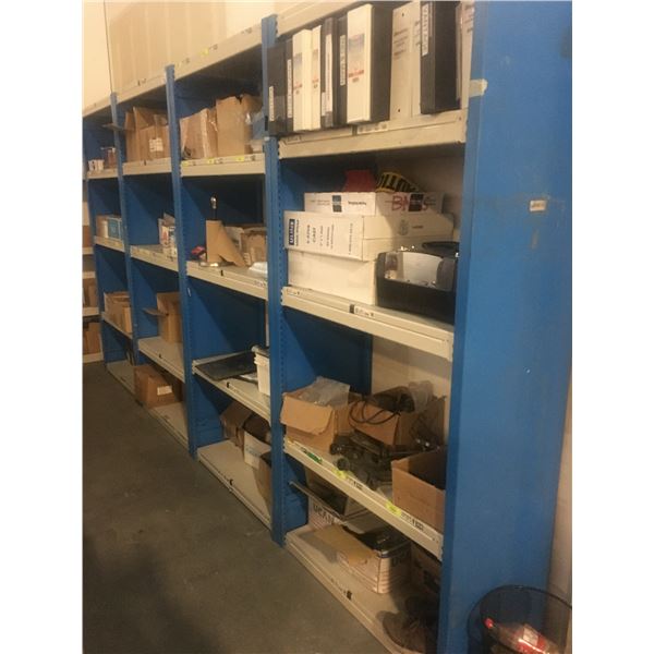 4 BLUE & GREY SHELF RACKING UNITS WITH CONTENTS - ASSORTED HARDWARE/SHOP SUPPLIES/FASTENERS/ETC