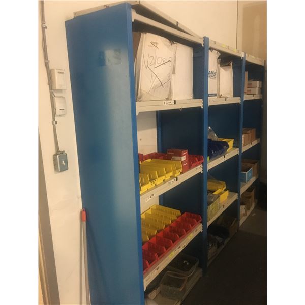 3 BLUE & GREY SHELF RACKING UNITS WITH CONTENTS - BINS OF ASSORTED HARDWARE/FASTENERS/ETC