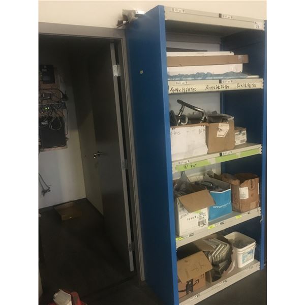 1 BLUE & GREY SHELF RACKING UNIT WITH CONTENTS - ASSORTED DOOR HANDLES/STEEL BRACKETS/ETC