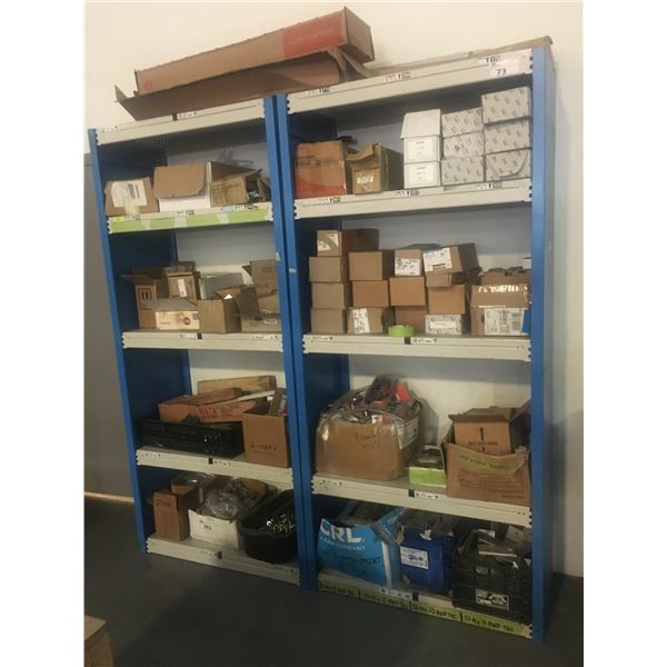 2 BLUE & GREY SHELF RACKING UNITS WITH CONTENTS - ASSORTED HARDWARE & HANDLES/STEEL BRACKETS/ETC
