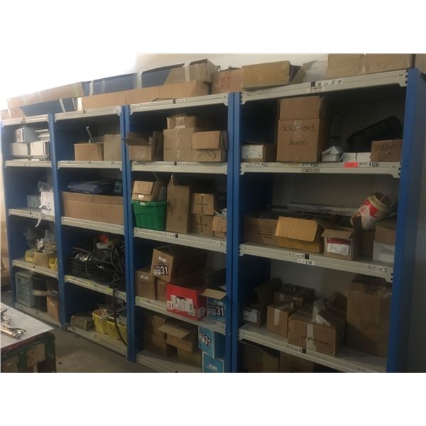 4 BLUE & GREY SHELF RACKING UNITS WITH CONTENTS - ASSORTED DOOR & WINDOW HARDWARE/SHOP